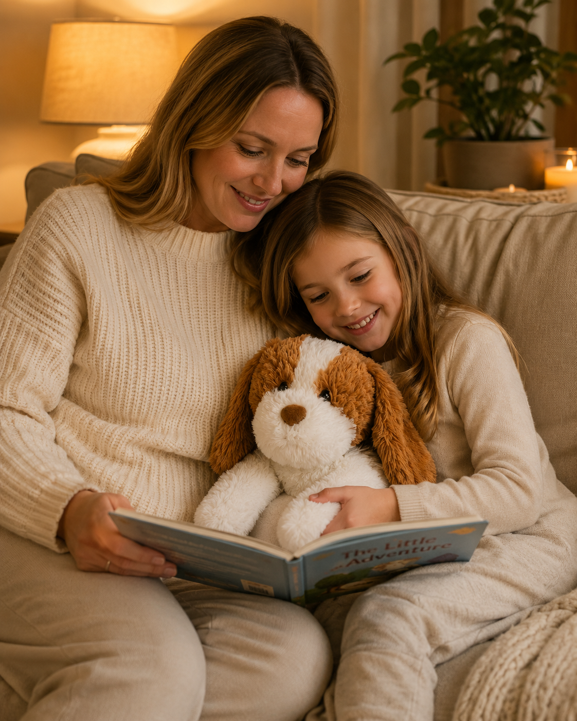 Ouder zit rustig naast het bed van een kind in warm avondlicht