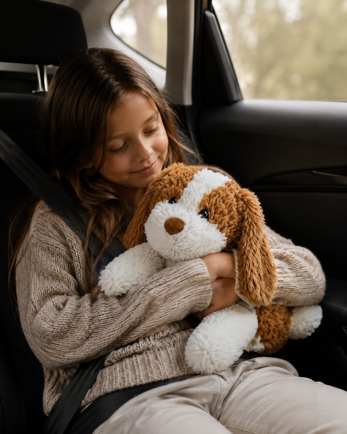 Kind houdt de Kyendo RustHond vast in de auto